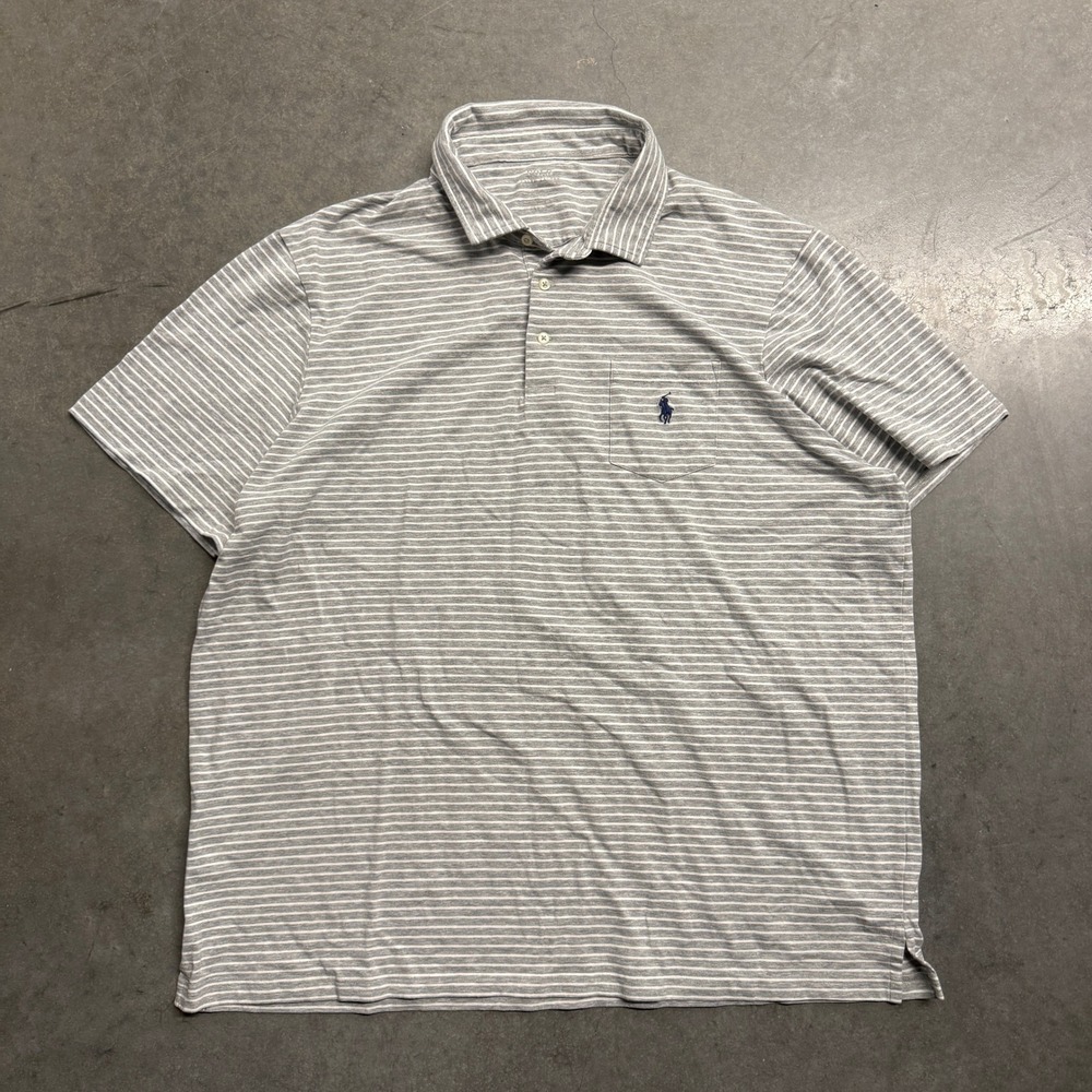 Polo Ralph Lauren Performance Mens XXL Gray White Striped Pocket Polo Shirt